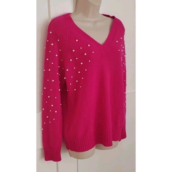 NEW CHARTER CLUB LUXURY CASHMERE FAUX-PEARL DOUBLE V-NECK SWEATER MEDIUM FUCHSIA - Picture 3 of 8